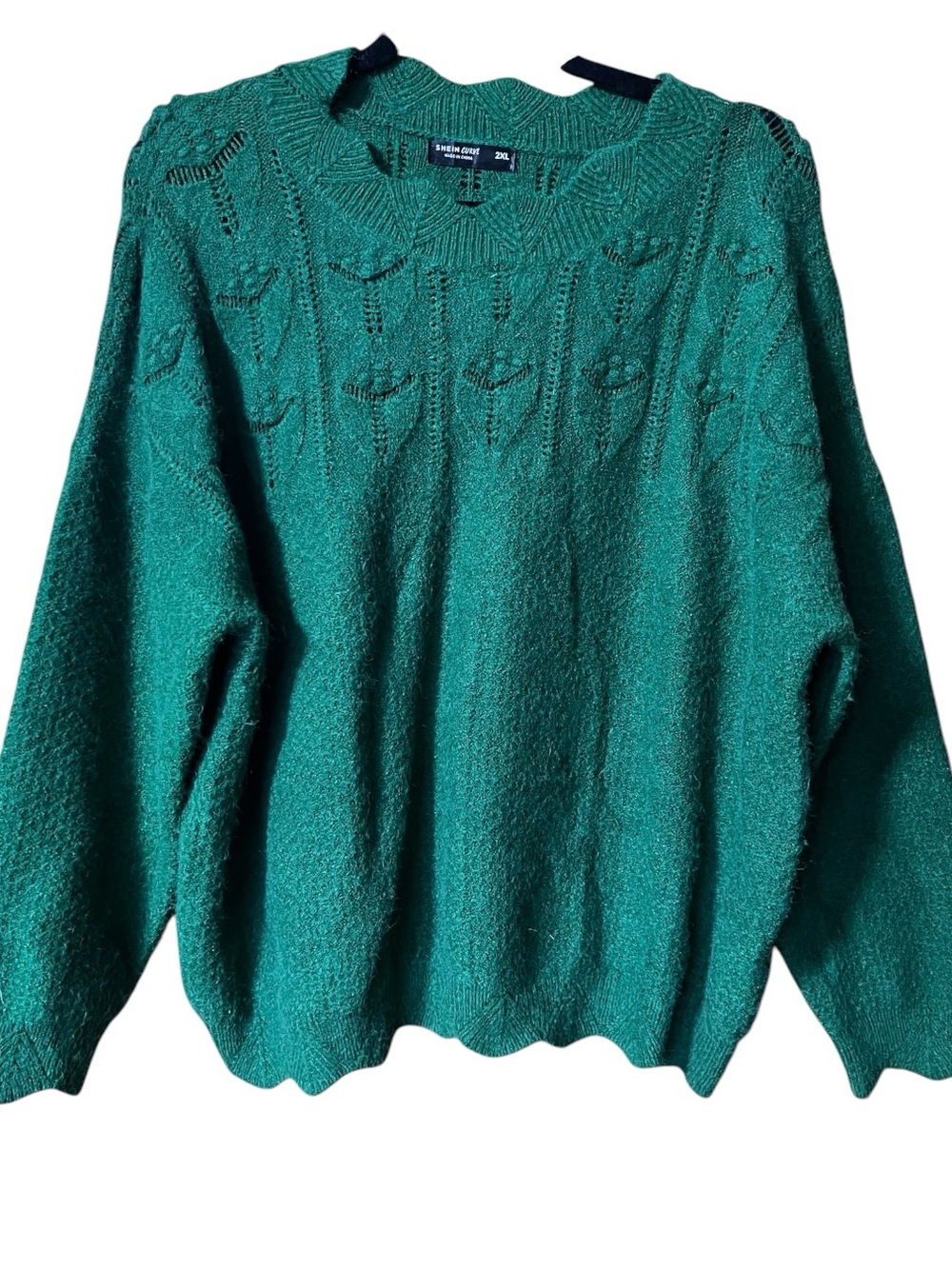 Women’s Cozy Green Pullover Sweater w/Cutouts, Scalloped Hem Sz 2X